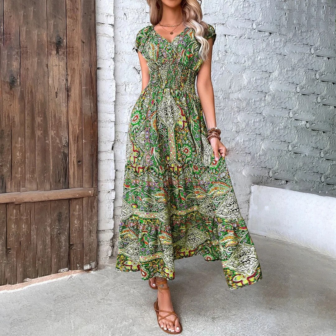 Women's Woven Fabric Maxi Dress Bohemian V-Neck – Relaxed Flowing