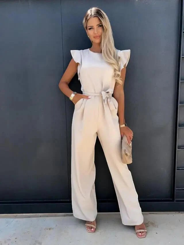 Women's Woven Fabric Jumpsuit – High Waist Wide Leg Short Sleeve