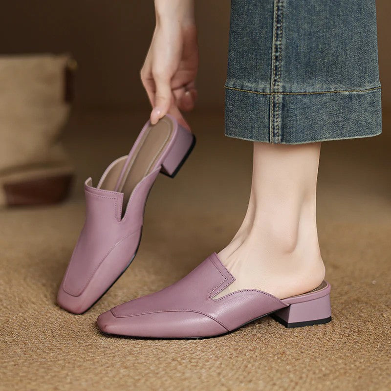 Women's Full-Grain Leather Heeled Mules Square Toe – Sheepskin Insole