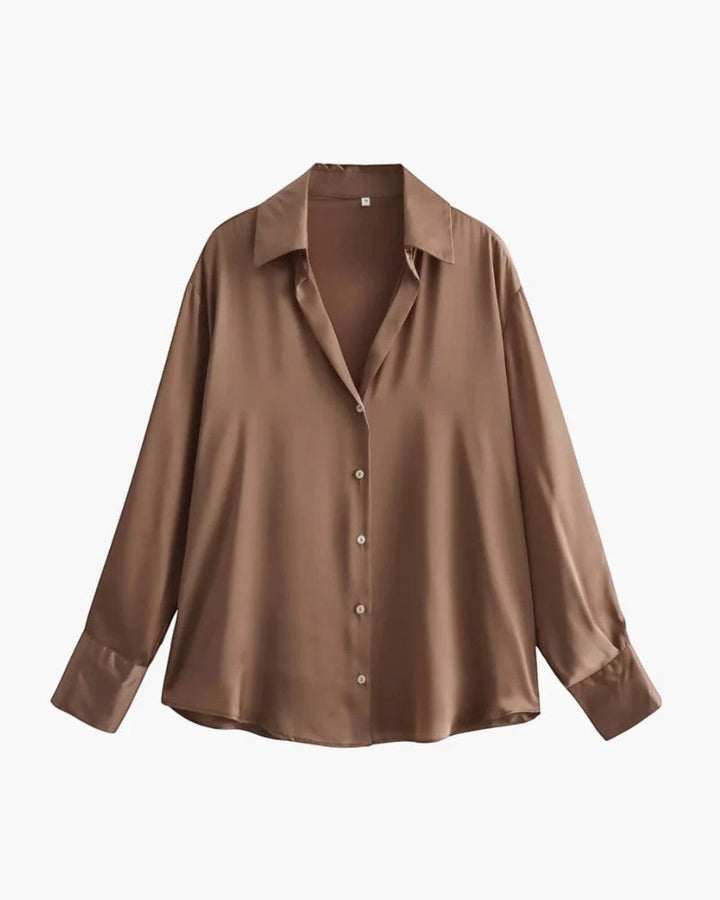 Women's Satin Long Sleeve Draped Blouse – Relaxed Fit Fluid Silhouette
