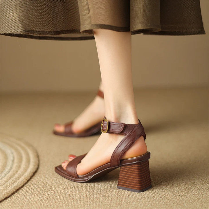 Women's Smooth Leather Heeled Sandals – Square Toe Adjustable Strap
