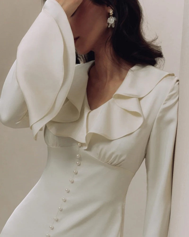 Women's Woven Midi Dress Fitted A-Line – Ruffle Collar Flared Sleeves