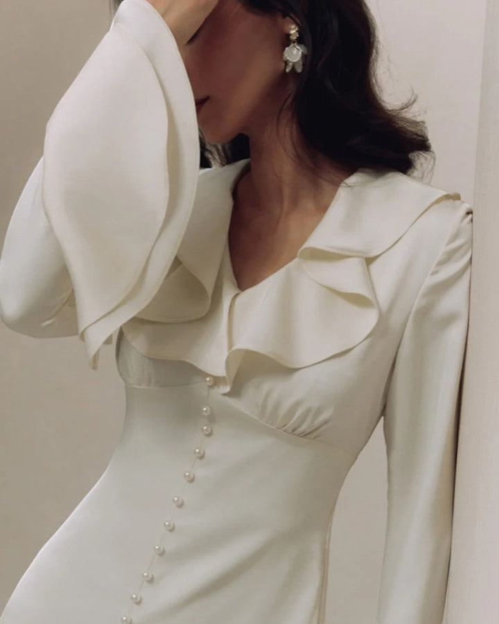 Women's Woven Midi Dress Fitted A-Line – Ruffle Collar Flared Sleeves