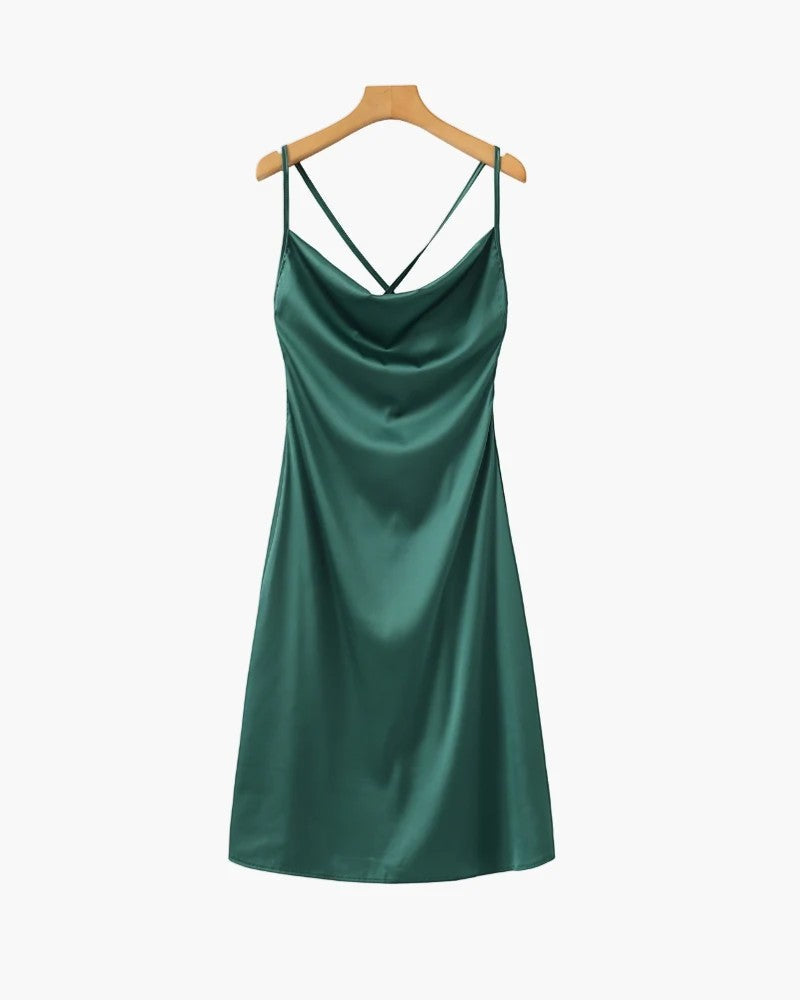 Women's Satin Slip Dress Bias Cut – Draped Neckline Adjustable Straps