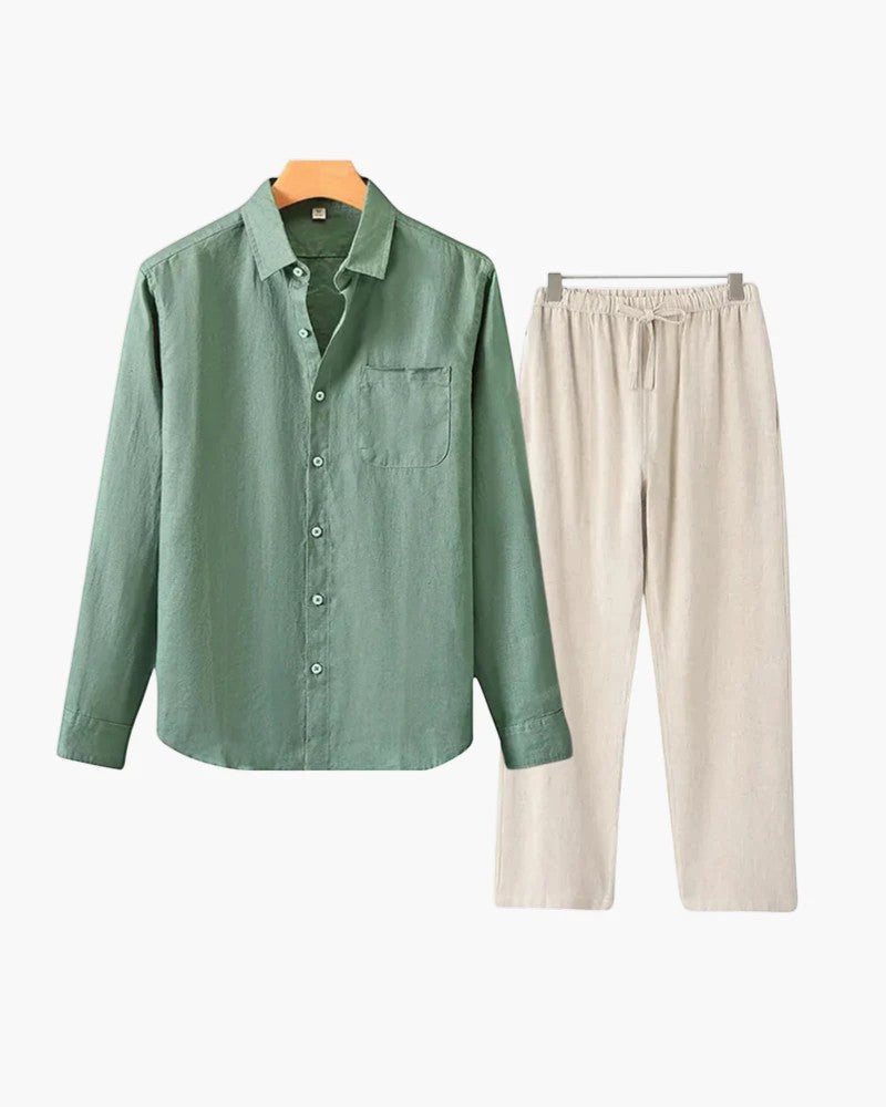 Men's Linen Shirt and Pants Set – Long Sleeve Relaxed Fit Matching