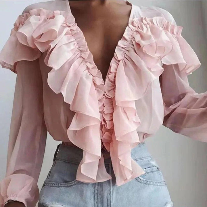 Women's Chiffon V-Neck Blouse – Ruffle Collar Long Sleeve Relaxed