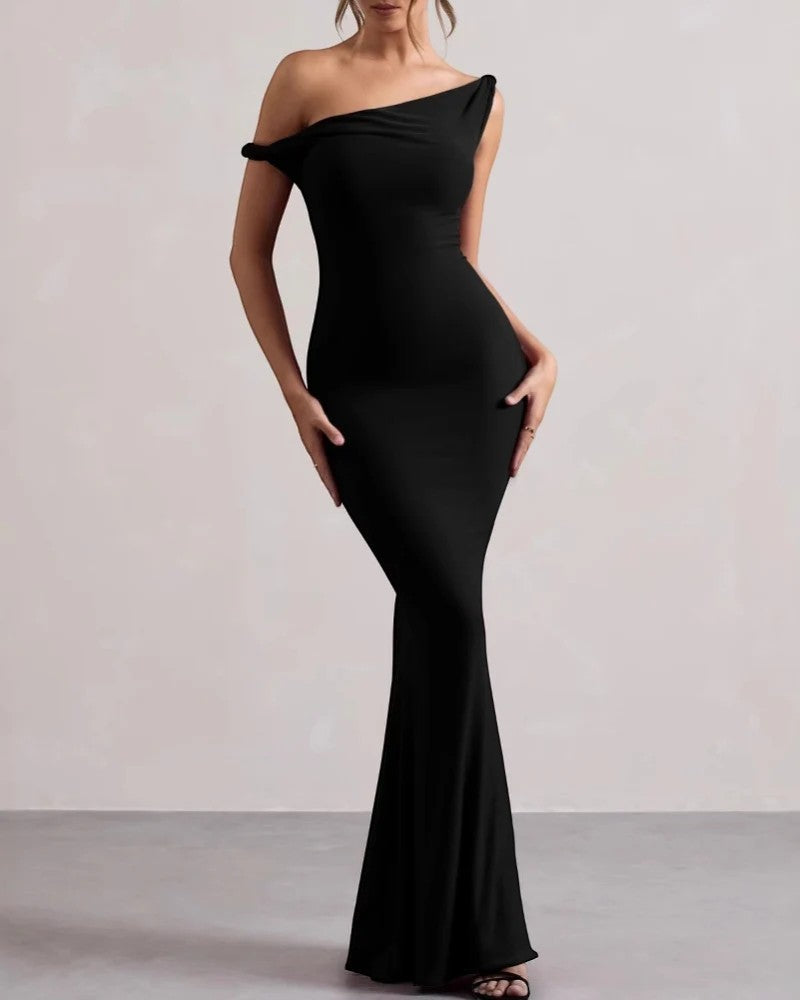 Women's Stretch Knit One-Shoulder Maxi Dress – Sleeveless Bodycon