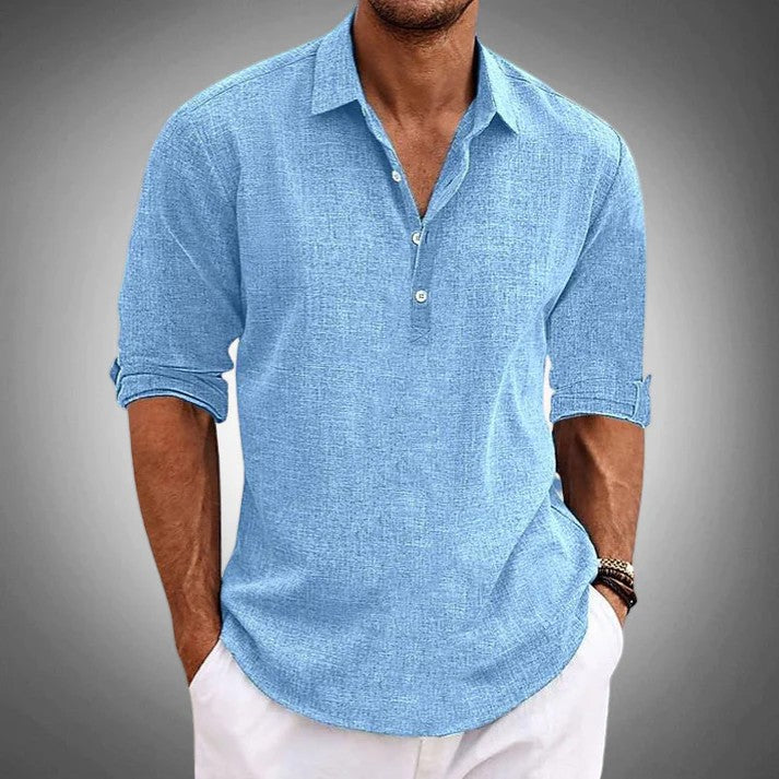 Men's Cotton Blend Long Sleeve Shirt – Relaxed Linen-Effect Breathable