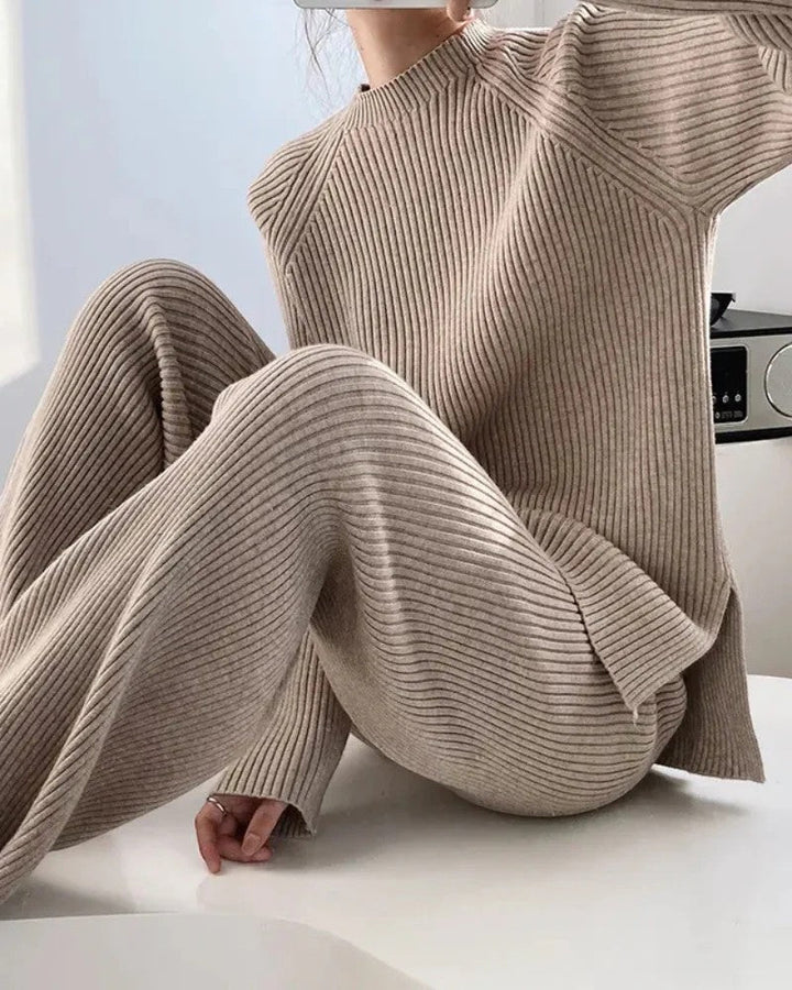 Women's Soft Ribbed Knit Co-Ord Long Sleeve Top – Wide Leg Pants