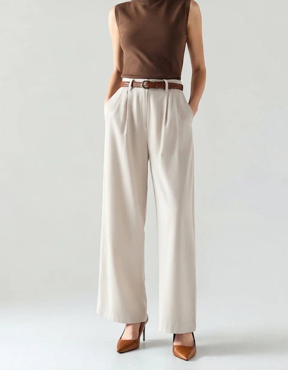 Women's Woven High-Waist Wide Leg Pants – Lightweight Structured Fit