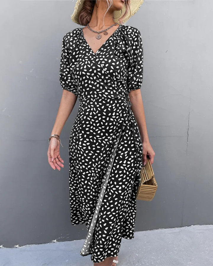 Women's Lightweight Fabric Midi Dress V-Neck – A-Line Short Sleeve Slit