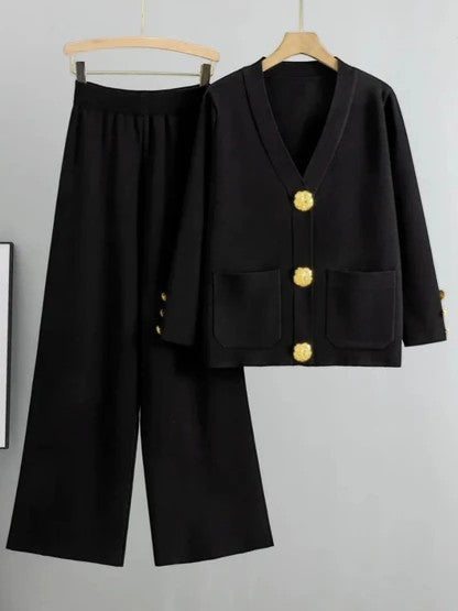 Women's Acrylic Knit Set – Cardigan Wide Leg Pants Relaxed Two-Piece