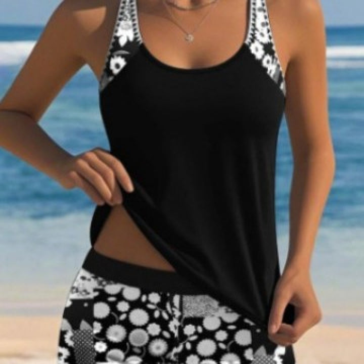 Tankini Set – Floral Scoop Neck Top &amp; High-Waisted Swim Shorts