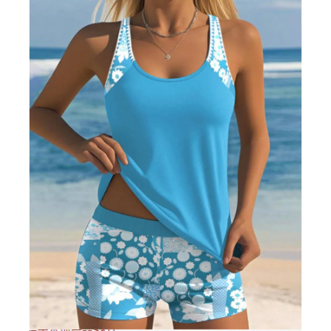 Tankini Set – Floral Scoop Neck Top &amp; High-Waisted Swim Shorts
