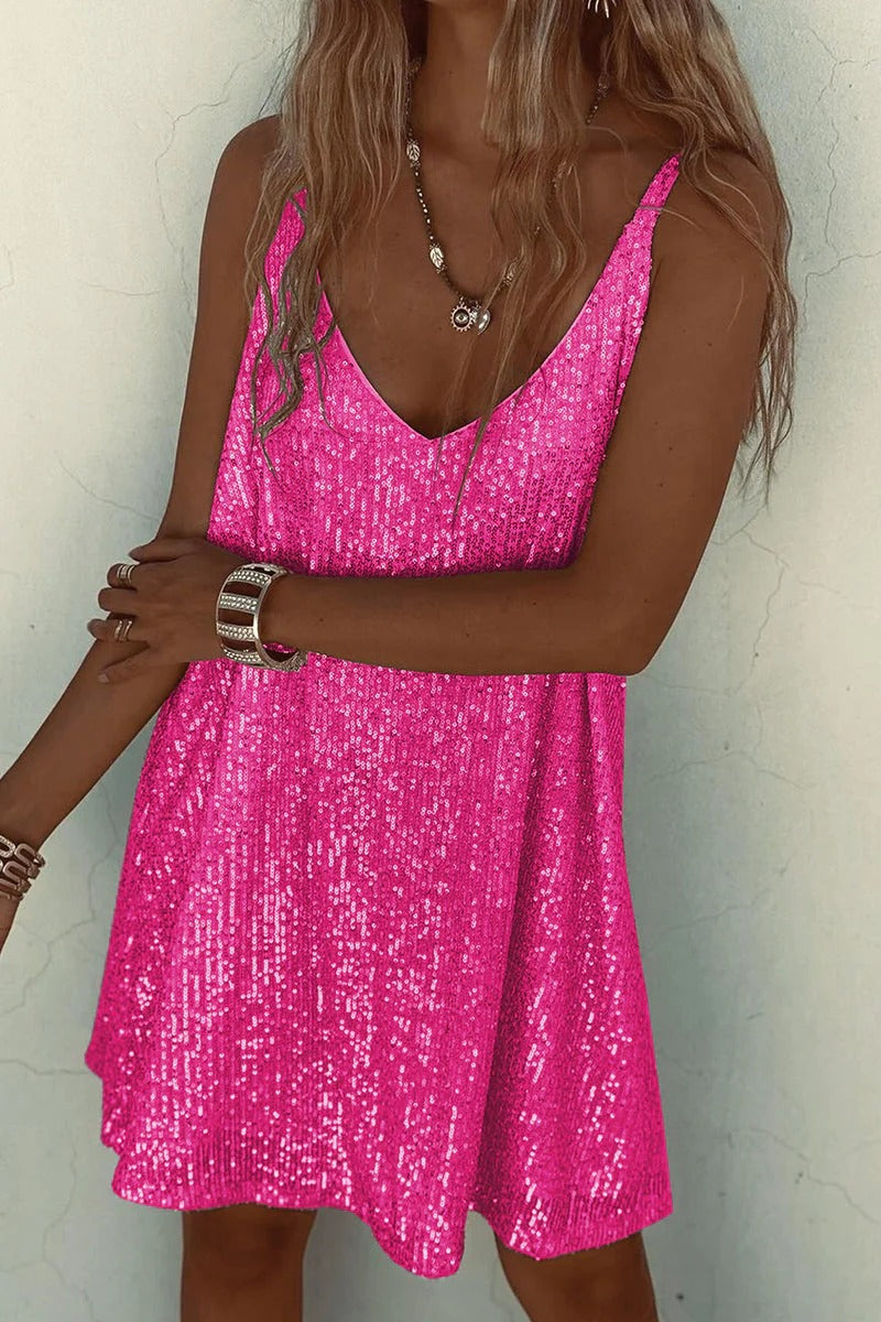 Sequin Mini Dress Sleeveless Spaghetti Strap Bodycon | Deep V Neckline