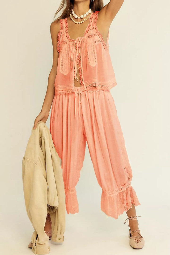 Women's Cotton Lace-Trim Two-Piece Set – Tank Top Wide-Leg Pants