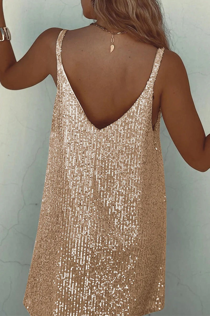 Sequin Mini Dress Sleeveless Spaghetti Strap Bodycon | Deep V Neckline