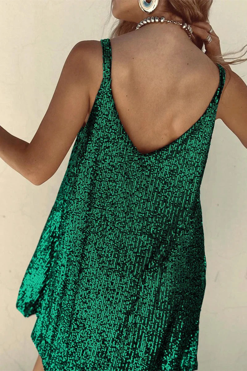 Sequin Mini Dress Sleeveless Spaghetti Strap Bodycon | Deep V Neckline