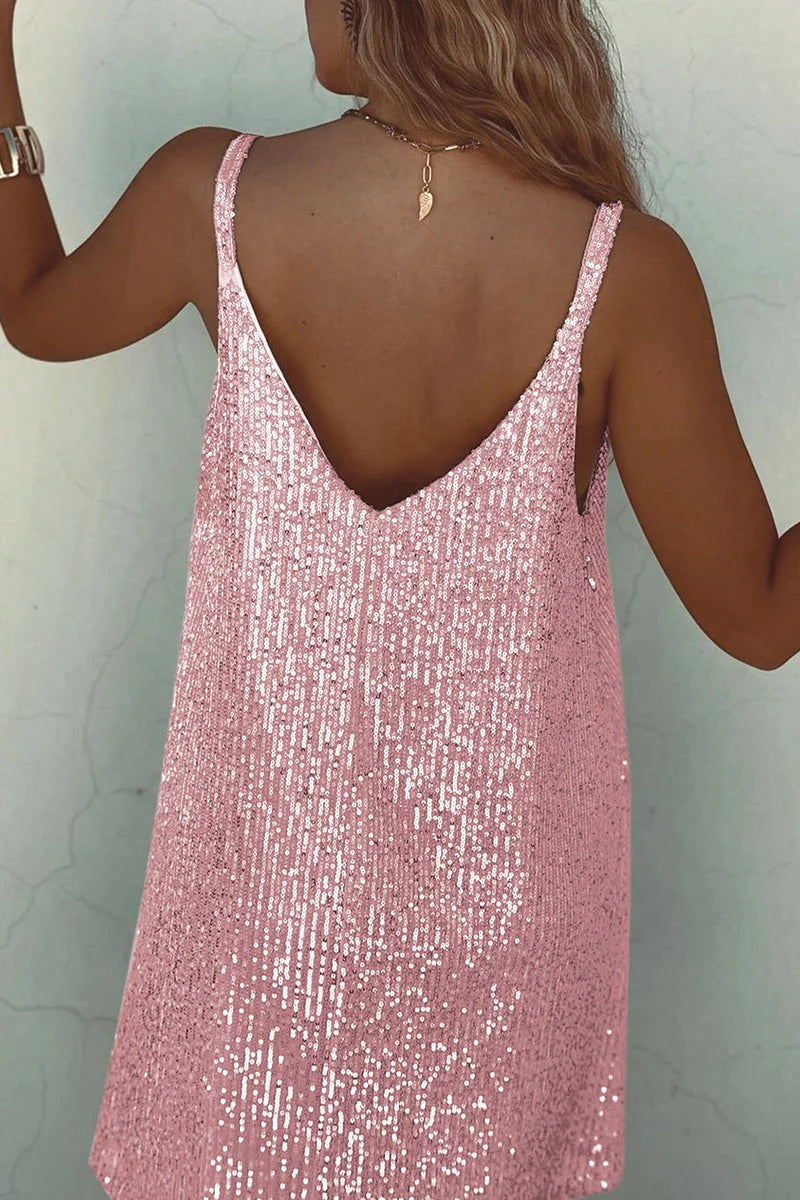 Sequin Mini Dress Sleeveless Spaghetti Strap Bodycon | Deep V Neckline