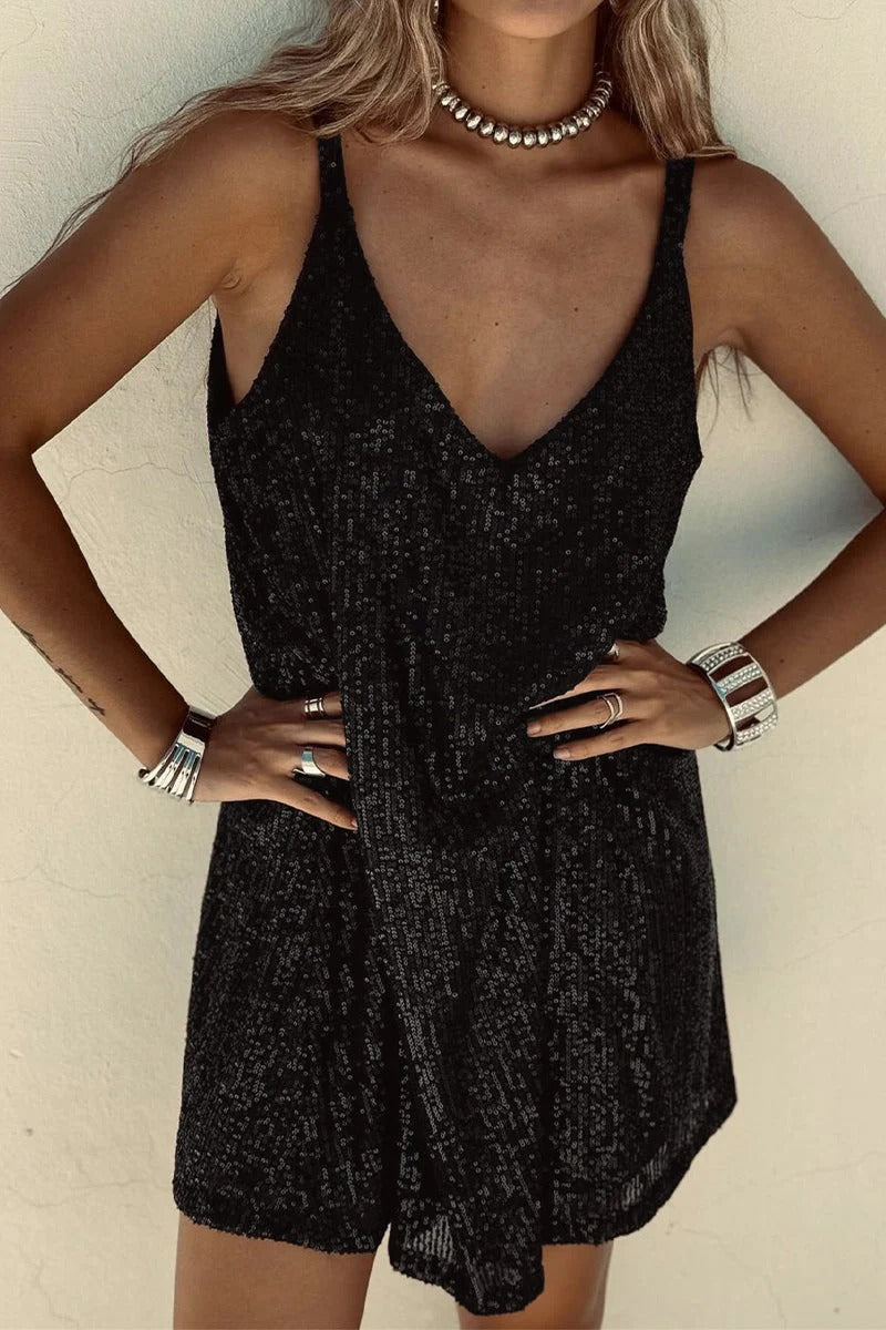 Sequin Mini Dress Sleeveless Spaghetti Strap Bodycon | Deep V Neckline