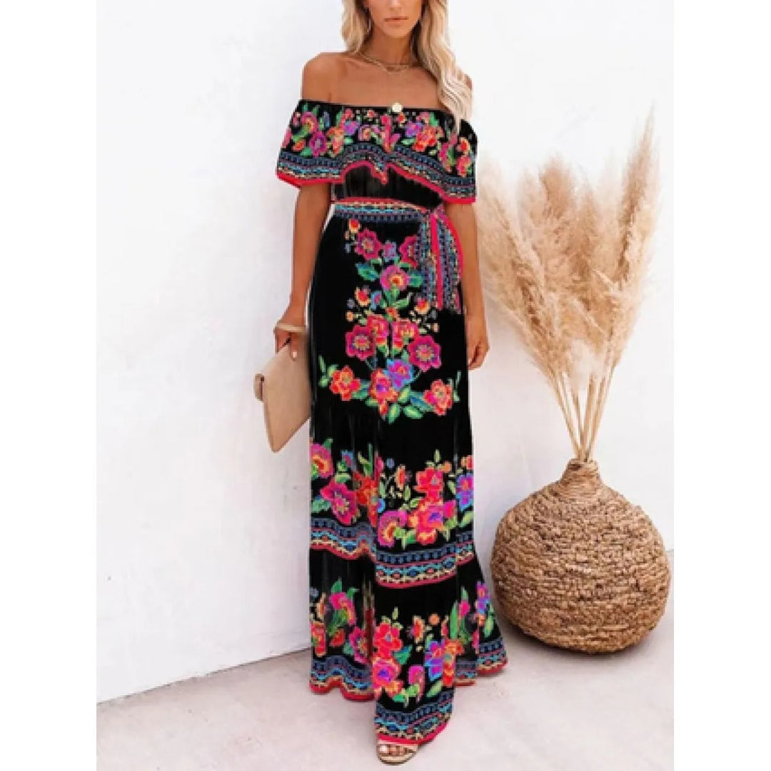 Floral Maxi Dress Off-Shoulder Belted – Boho Vacation Sweeping Hem
