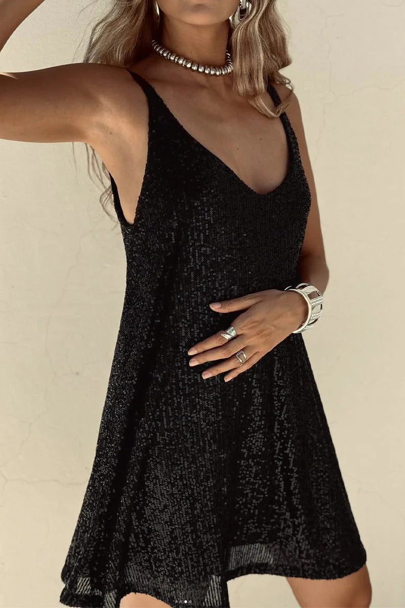 Sequin Mini Dress Sleeveless Spaghetti Strap Bodycon | Deep V Neckline