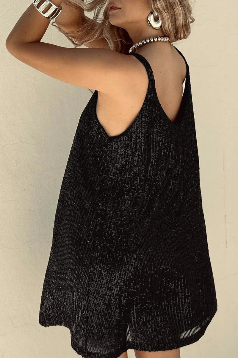 Sequin Mini Dress Sleeveless Spaghetti Strap Bodycon | Deep V Neckline