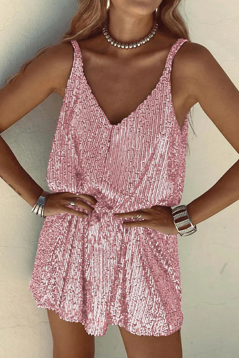 Sequin Mini Dress Sleeveless Spaghetti Strap Bodycon | Deep V Neckline
