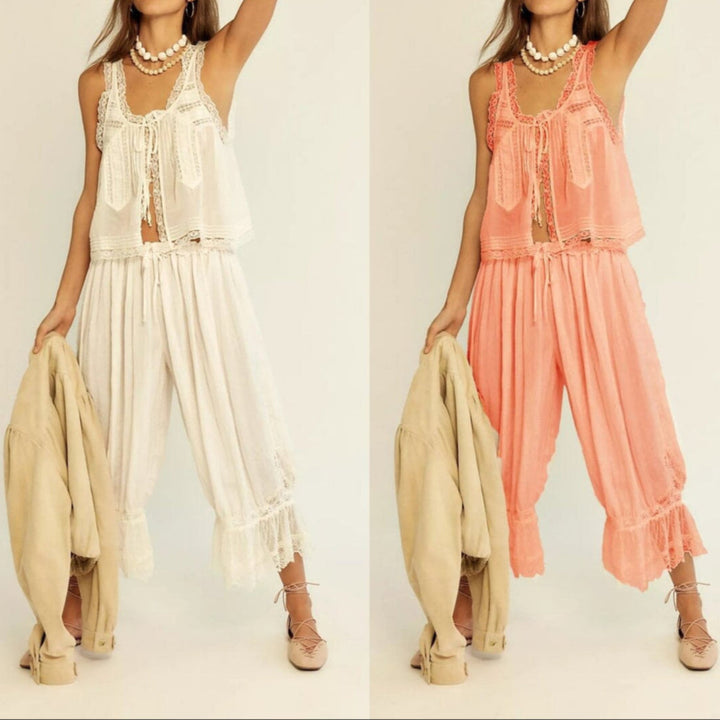 Women's Cotton Lace-Trim Two-Piece Set – Tank Top Wide-Leg Pants