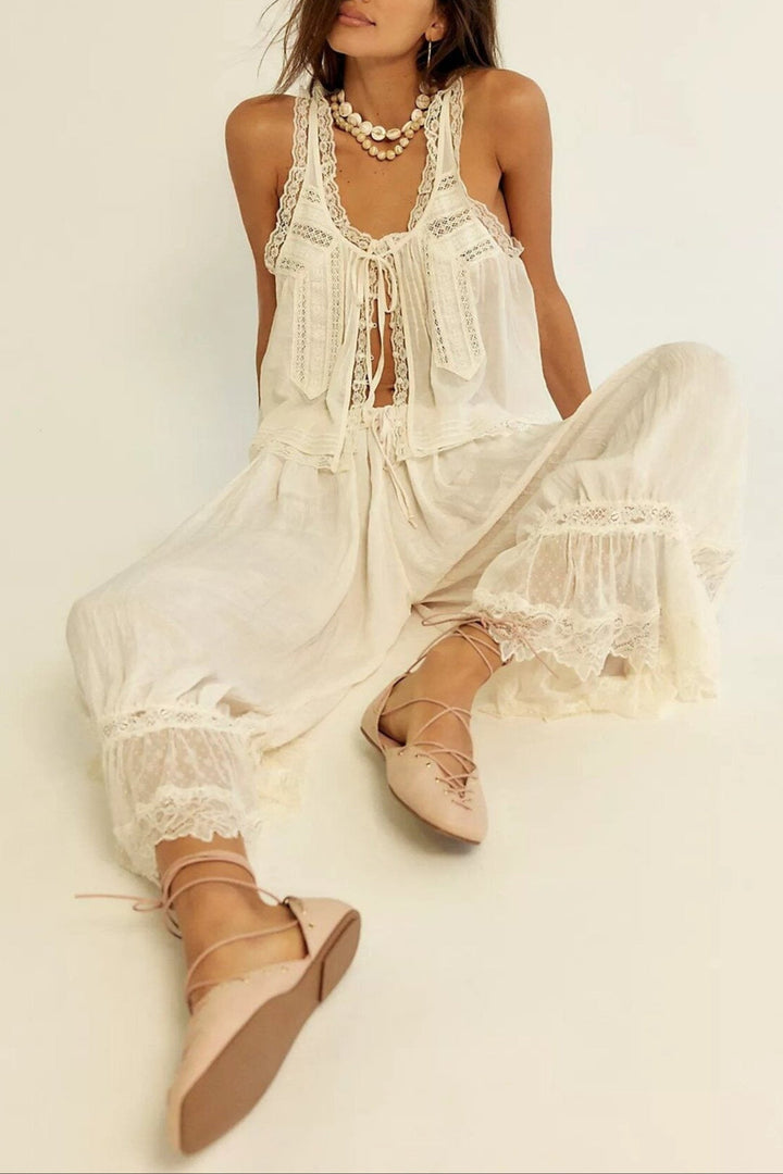 Women's Cotton Lace-Trim Two-Piece Set – Tank Top Wide-Leg Pants