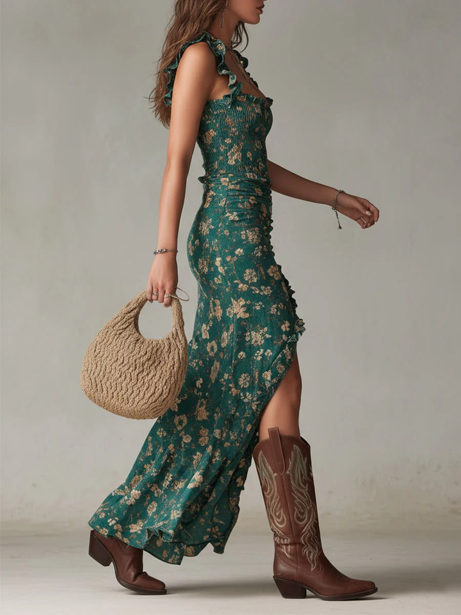 Floral Maxi Dress – Ruched Bodice & Asymmetric Ruffle Hem