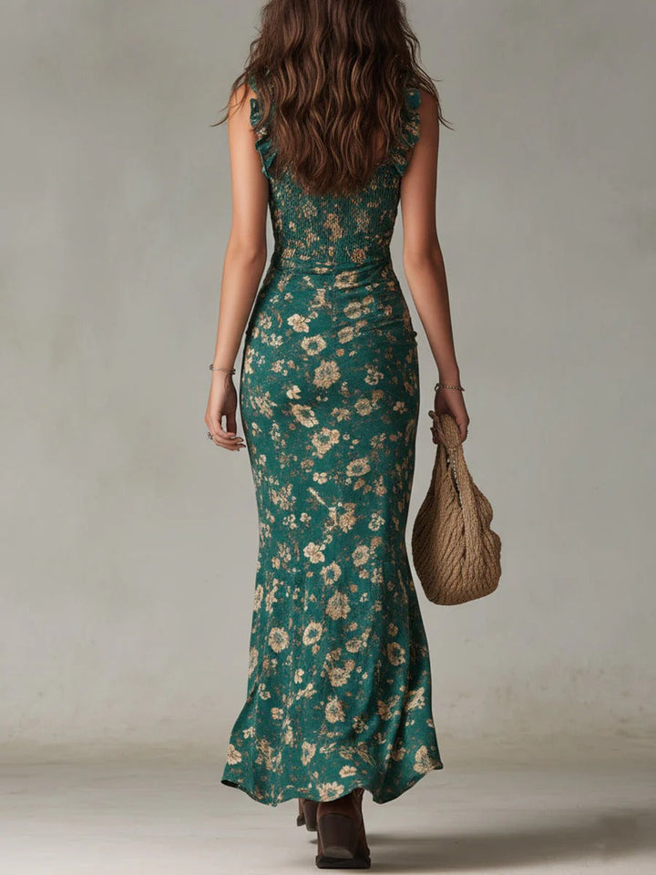 Floral Maxi Dress – Ruched Bodice & Asymmetric Ruffle Hem