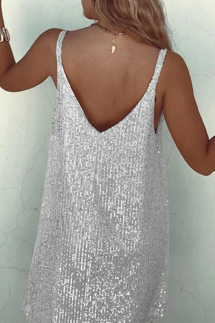 Sequin Mini Dress Sleeveless Spaghetti Strap Bodycon | Deep V Neckline