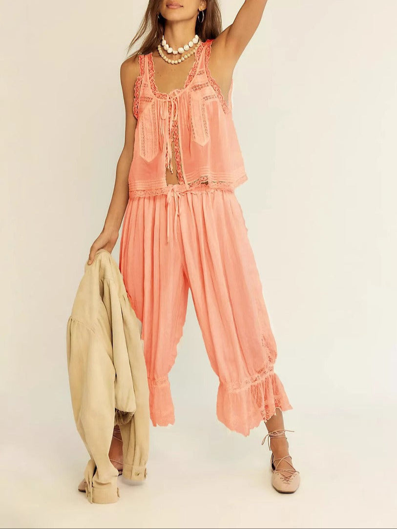 Women's Cotton Lace-Trim Two-Piece Set – Tank Top Wide-Leg Pants
