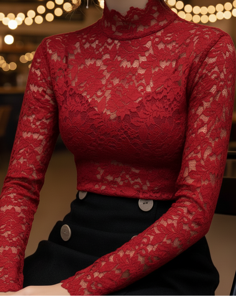 Women's Floral Lace High Neck Blouse – Long Sleeve Fitted Scalloped