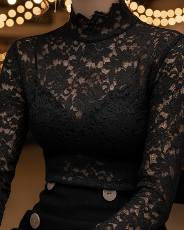 Women's Floral Lace High Neck Blouse – Long Sleeve Fitted Scalloped