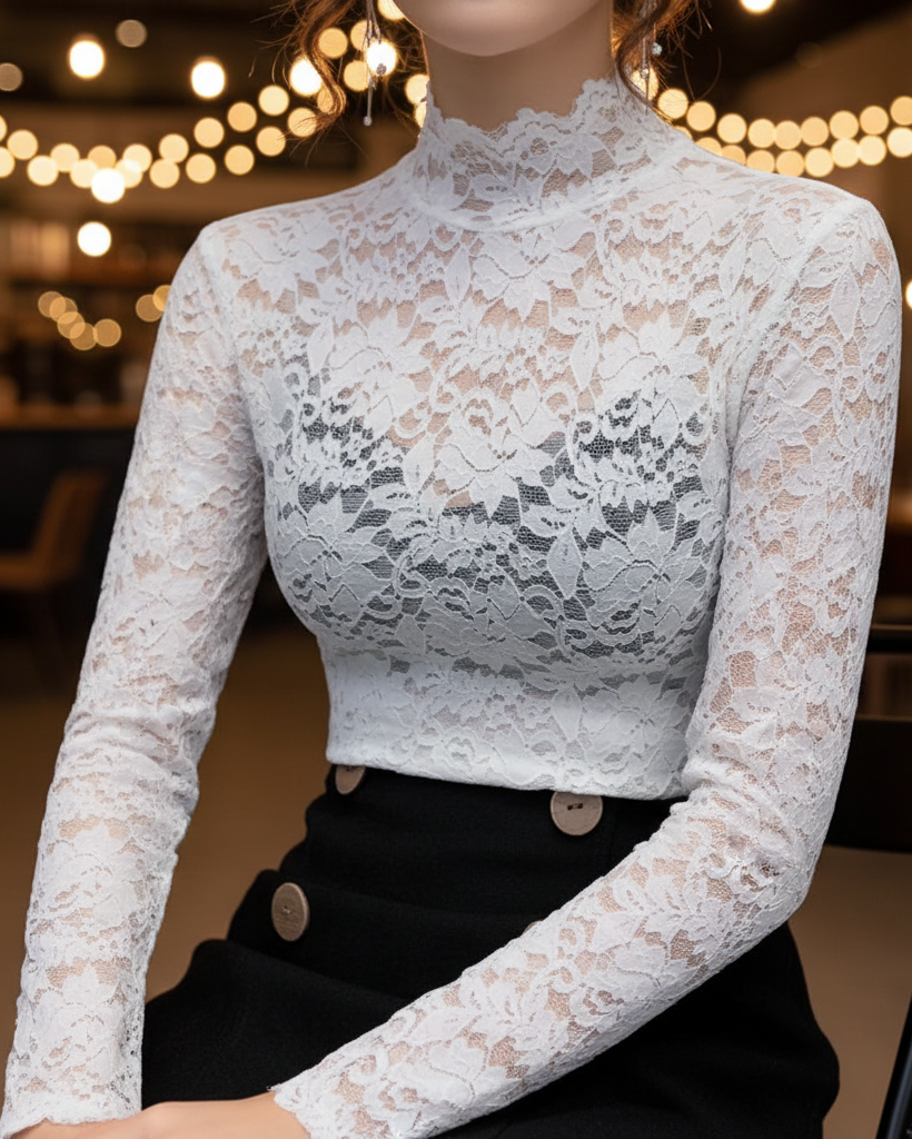 Women's Floral Lace High Neck Blouse – Long Sleeve Fitted Scalloped