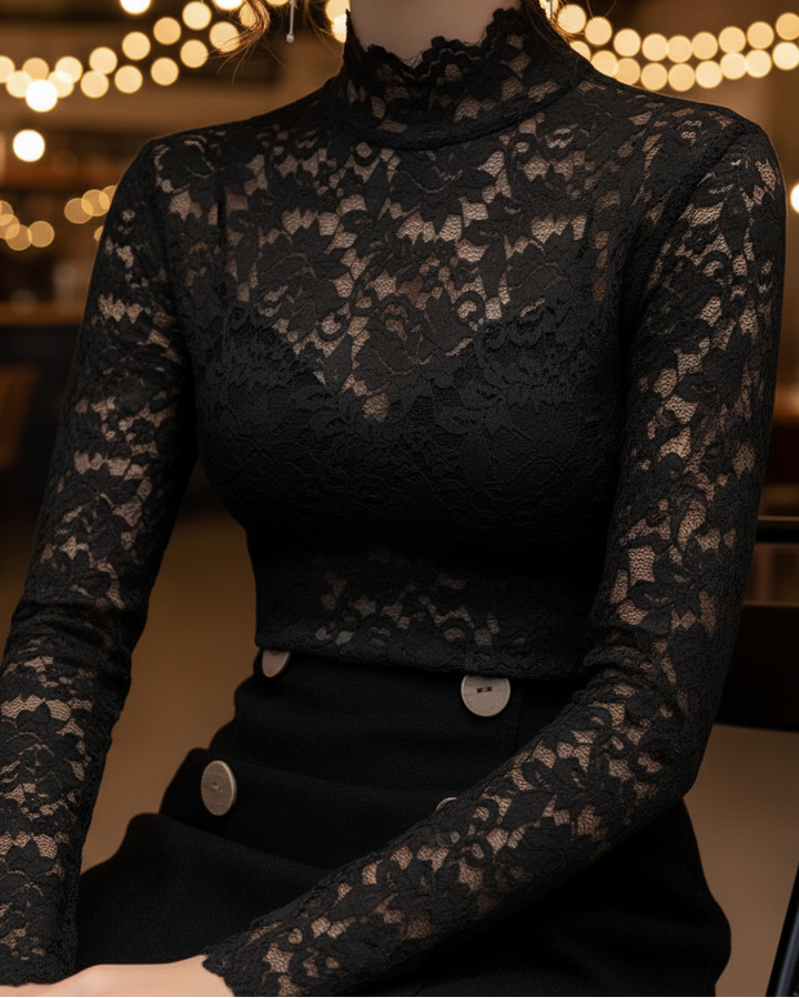 Women's Floral Lace High Neck Blouse – Long Sleeve Fitted Scalloped
