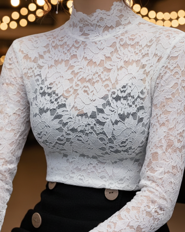 Women's Floral Lace High Neck Blouse – Long Sleeve Fitted Scalloped