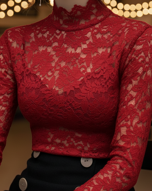 Women's Floral Lace High Neck Blouse – Long Sleeve Fitted Scalloped