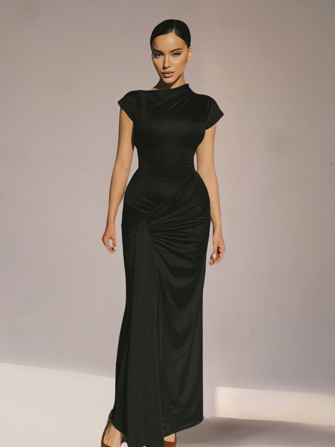 Maxi Dress – Asymmetric Neckline, Lace-Up Back Slim Fit for Women