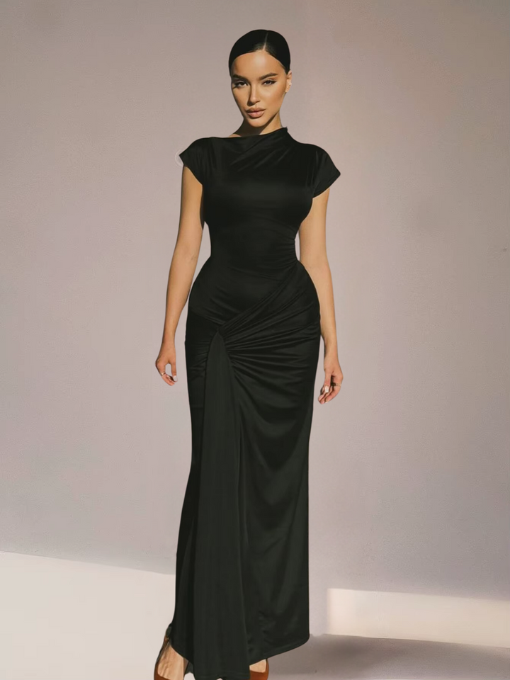 Maxi Dress – Asymmetric Neckline, Lace-Up Back Slim Fit for Women