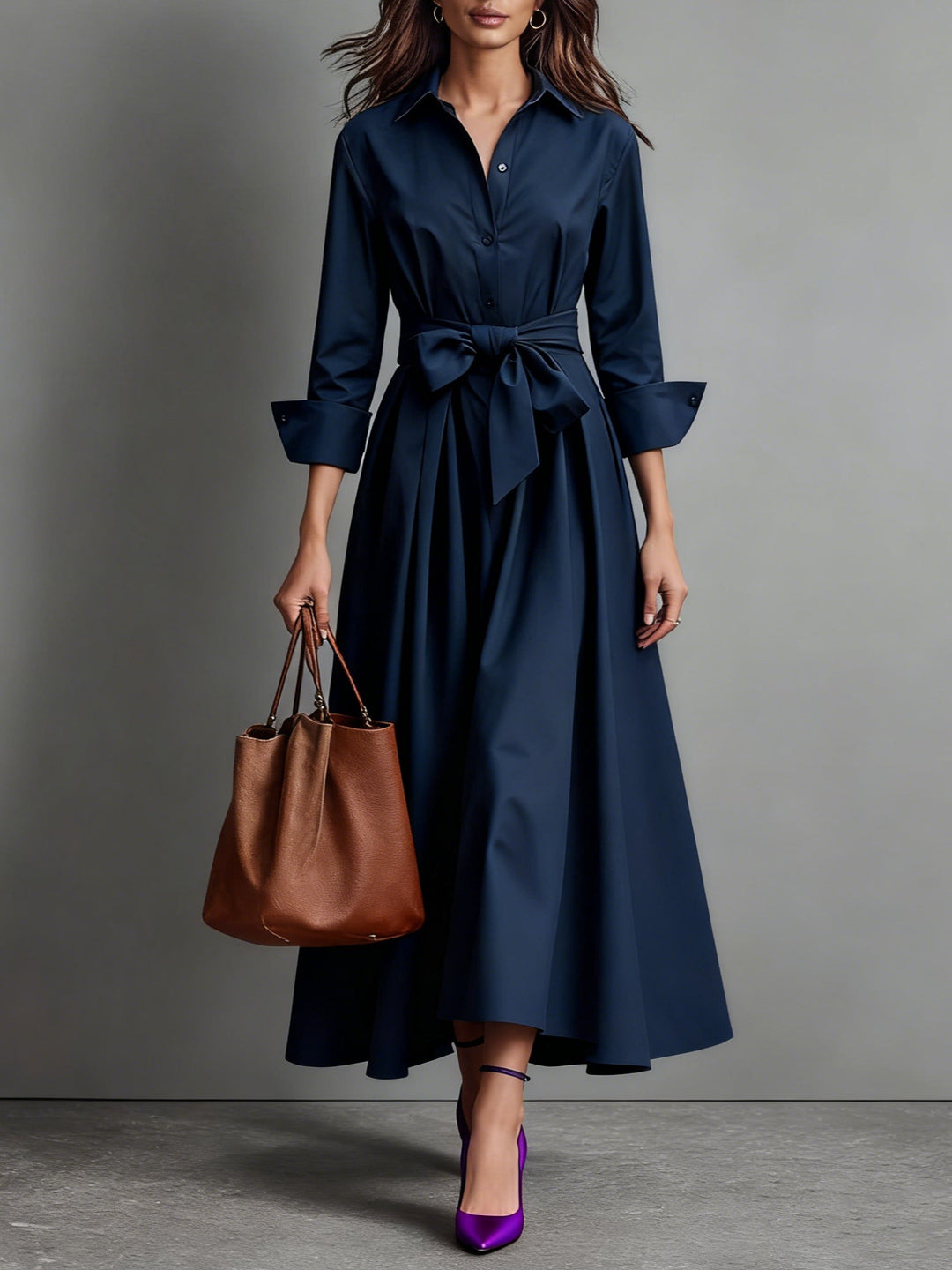 Women's Midi Shirt Dress – A-Line Tie Belt Button Front