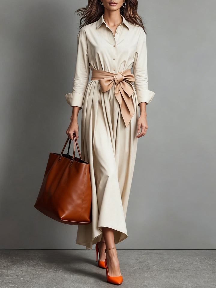 Women's Midi Shirt Dress – A-Line Tie Belt Button Front