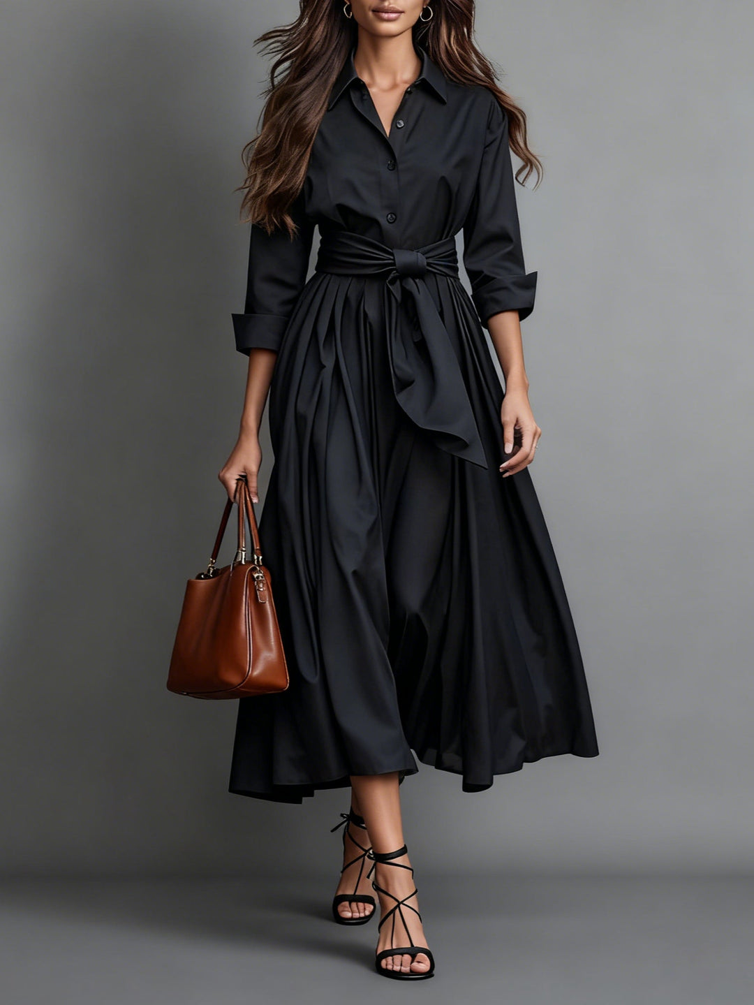 Women's Midi Shirt Dress – A-Line Tie Belt Button Front