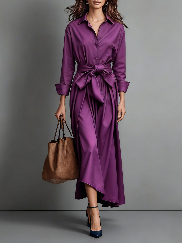 Women's Midi Shirt Dress – A-Line Tie Belt Button Front