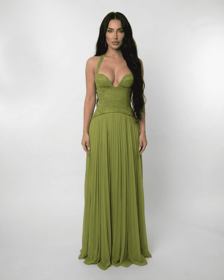 Women's Halter Neck Maxi Dress – Lace-Up Corset Back