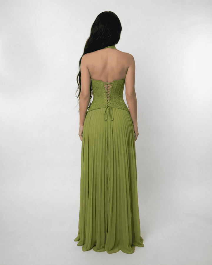 Women's Halter Neck Maxi Dress – Lace-Up Corset Back