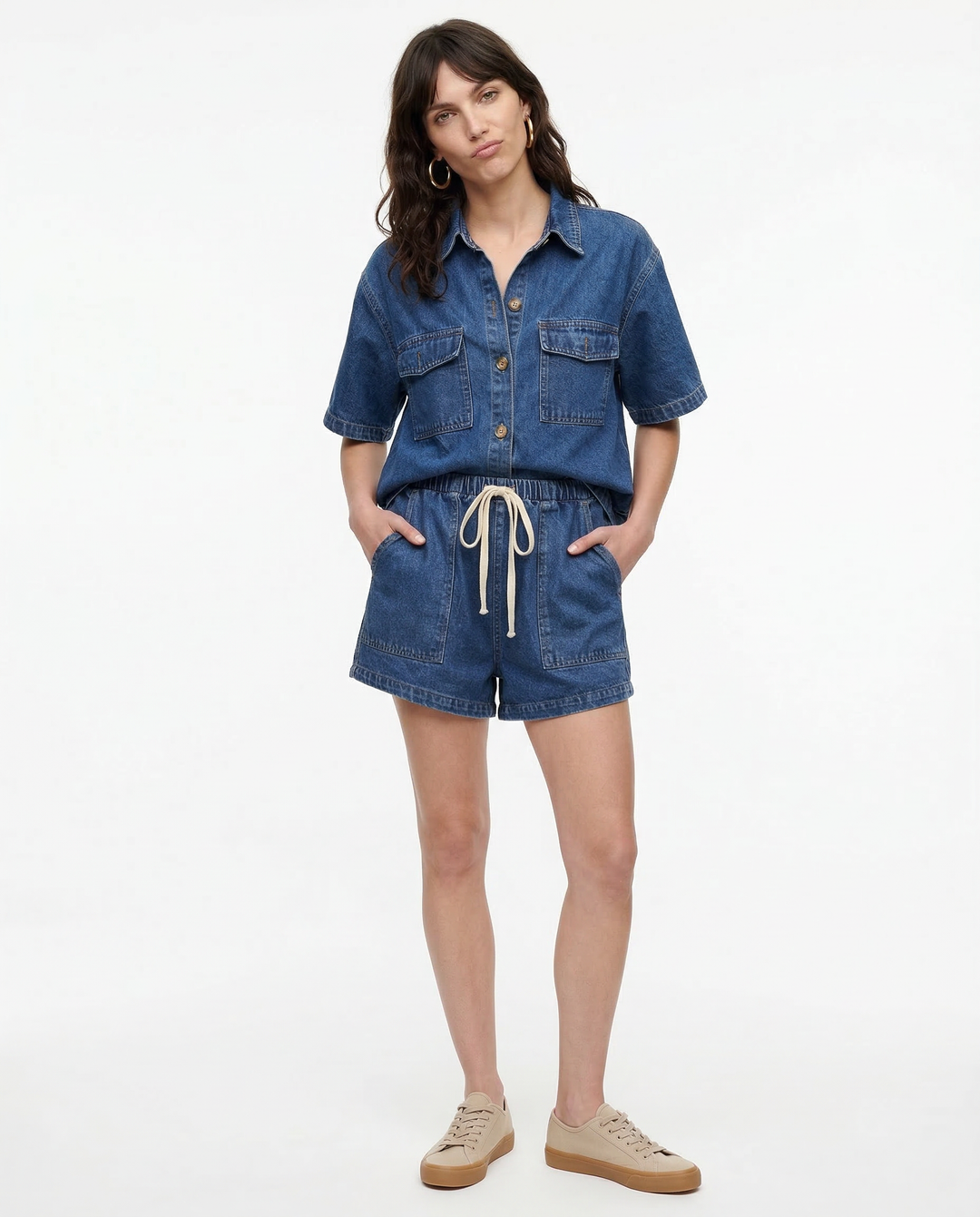 Women's Denim Two Piece Set – Short Sleeve Button Down & Shorts
