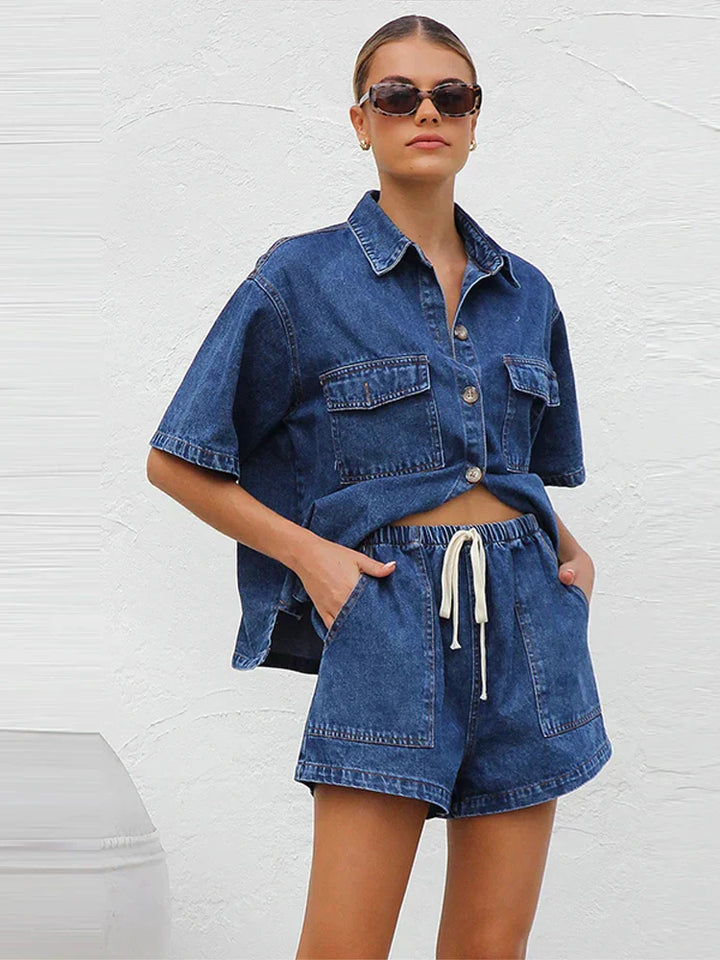 Women's Denim Two Piece Set – Short Sleeve Button Down & Shorts